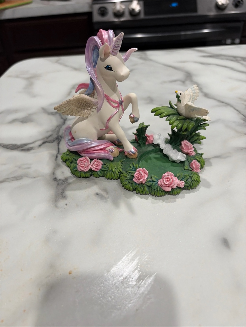 Pink & White Unicorn Cake Topper with Rose Garden